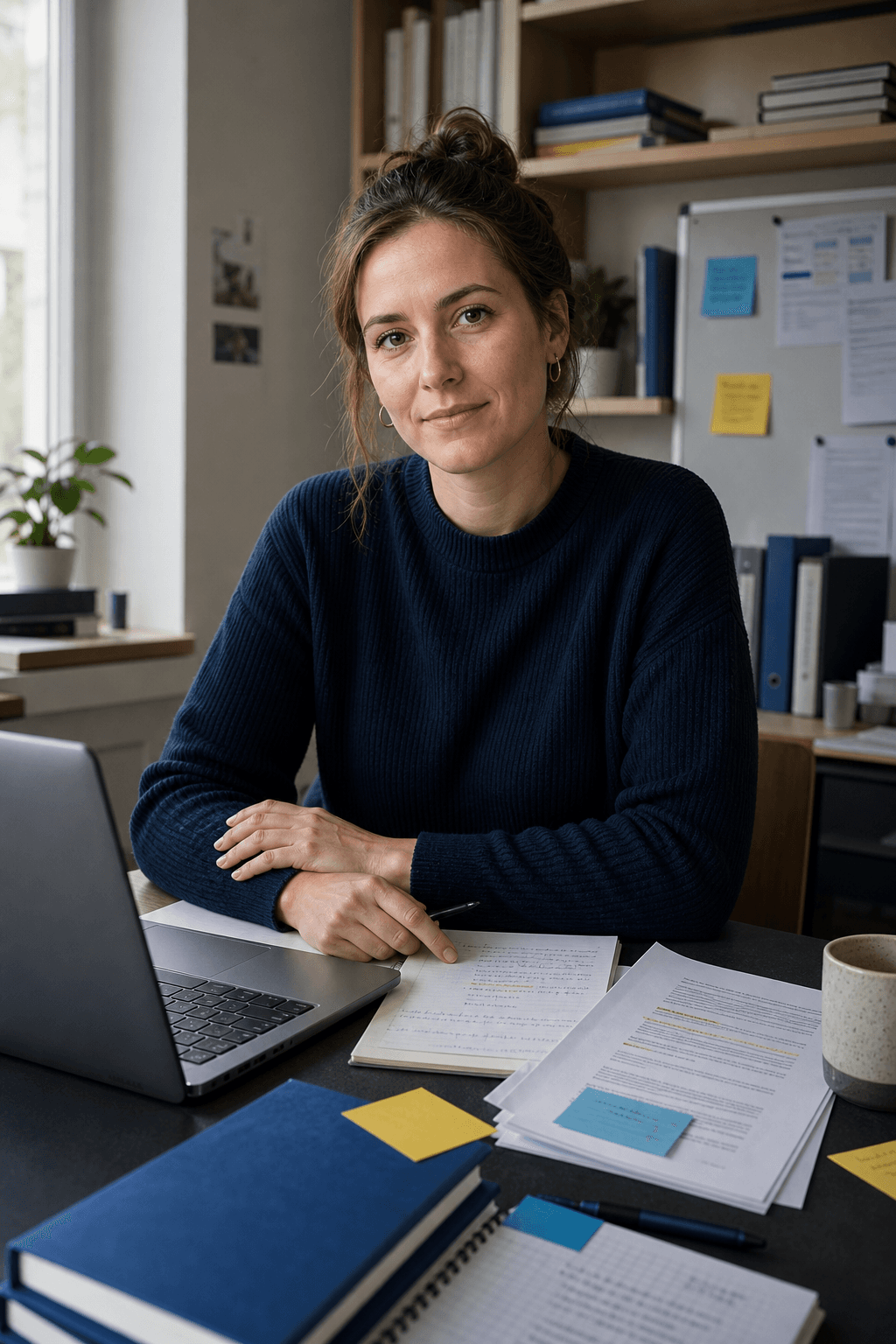 Lena Brandt an einem Schreibtisch mit Studienunterlagen, Laptop und markierten Quellen